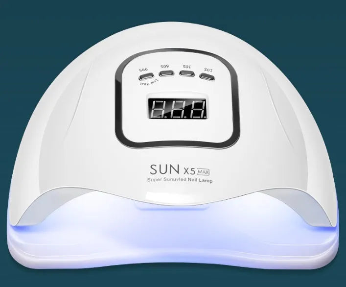 White ABS plastic nail curing lamp with dual UV and LED lights and timer buttons.