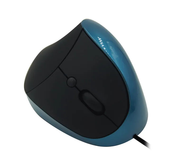 Black vertical ergonomic wired computer mouse with six buttons on a desk
