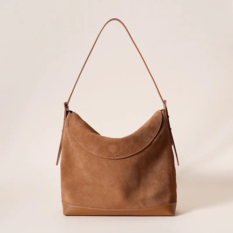 Brown genuine leather women's retro square shoulder bag with clamshell opening