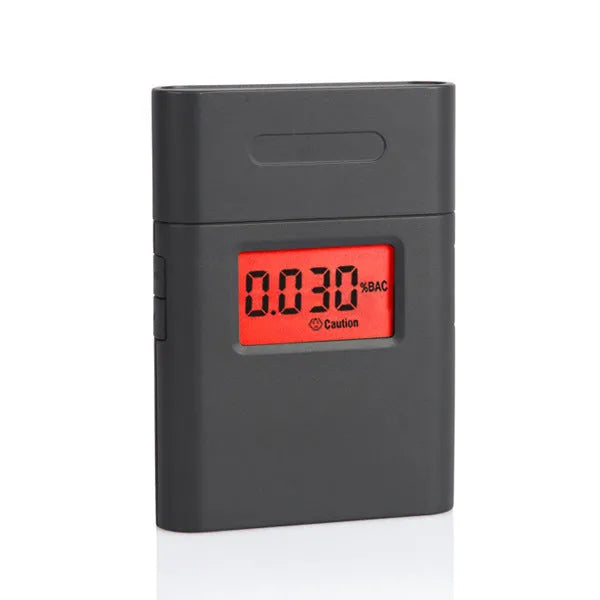 At-838 black handheld alcohol detector breathalyzer with display and mouthpiece on a white background