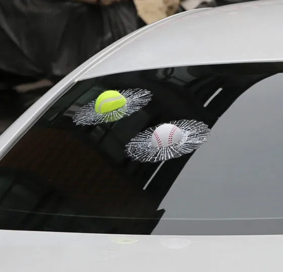 Set of 6 3D stereo car decals with basketball, football, tennis, baseball, and soccer ball designs on glass surface
