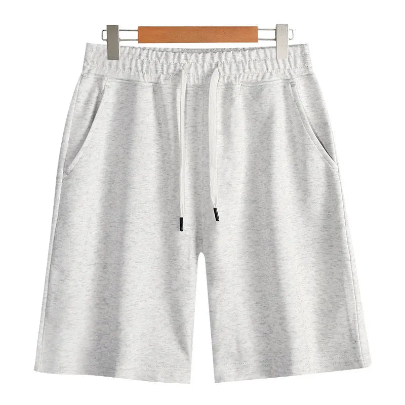 Straight-leg cotton shorts for summer in grey, shown on a hanger.