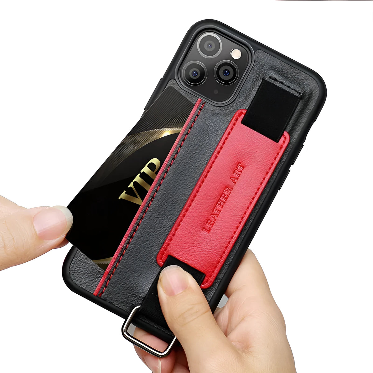 Leather wristband phone case in brown with wallet style and bracket strap for iPhone