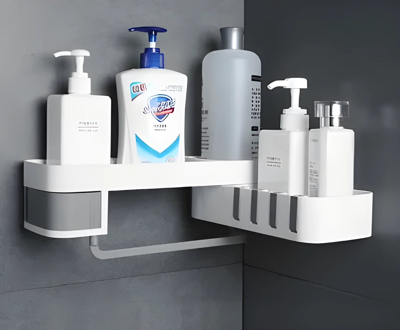 White and black corner shelf with adhesive wall mounts for bathroom or kitchen storage