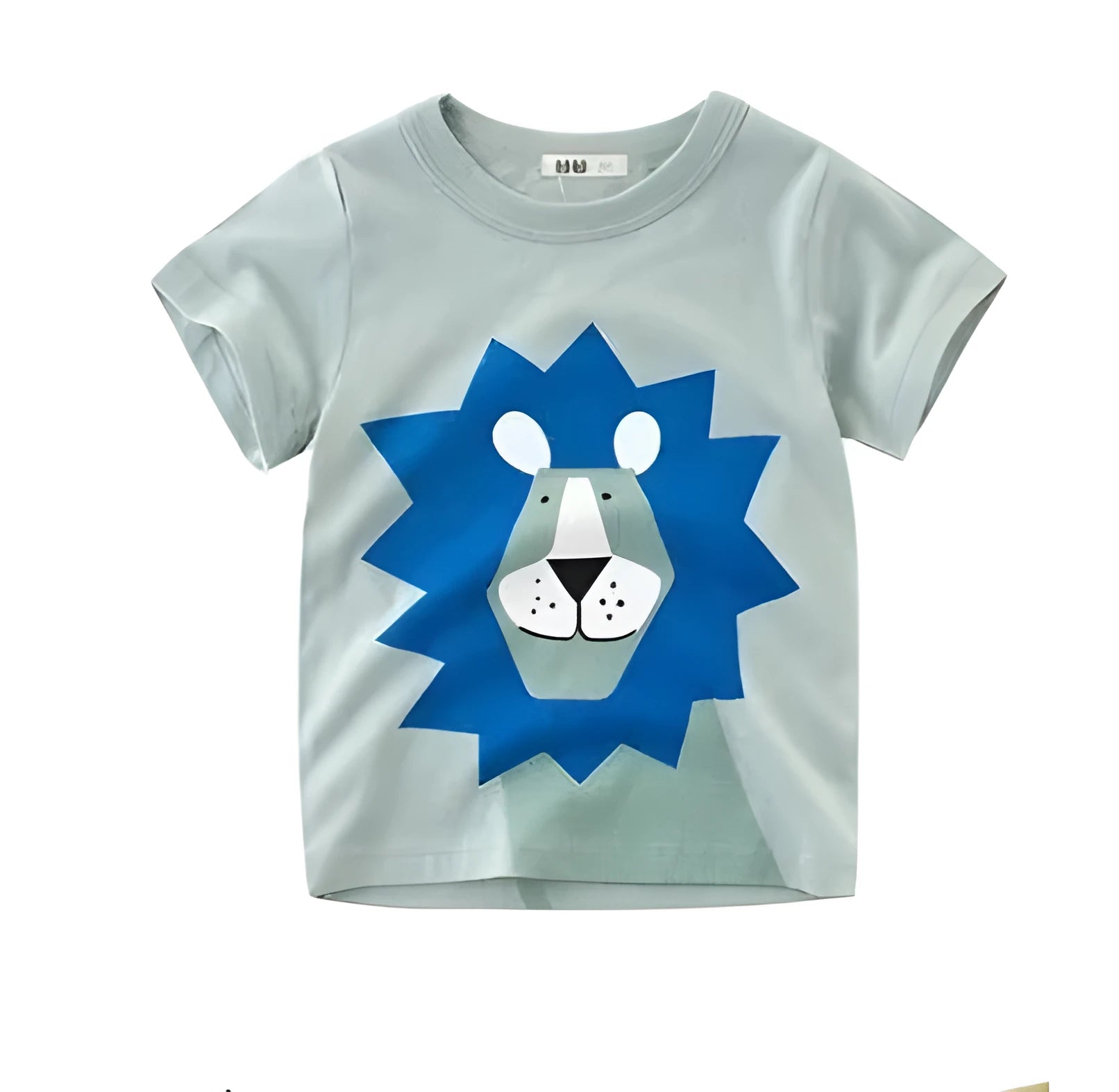 Children's cotton T-shirt with cool animal graphic print, short sleeves, available in Green lion, Grey giraffe, and Khaki Elephant designs.