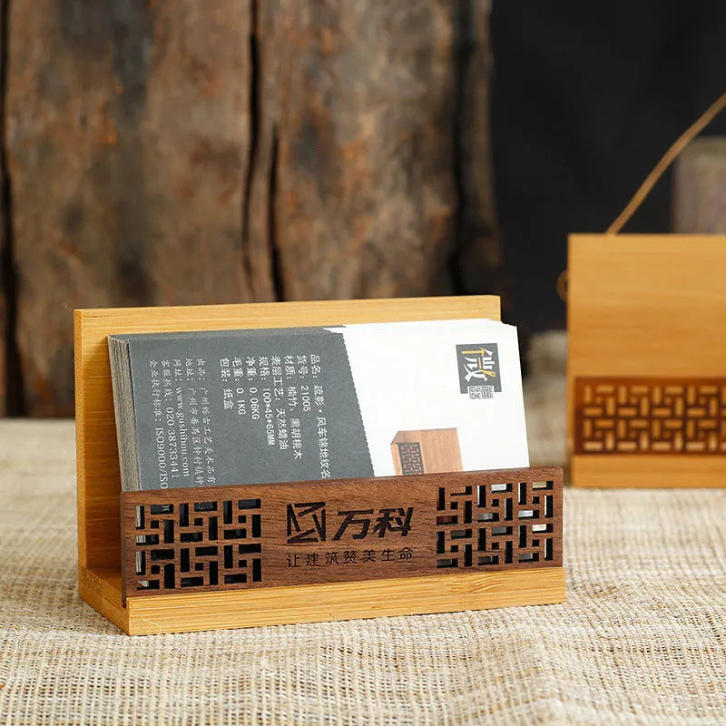 Geometric business gift set in bamboo and black walnut, 35 mm thick, holding up to 80 items for corporate events