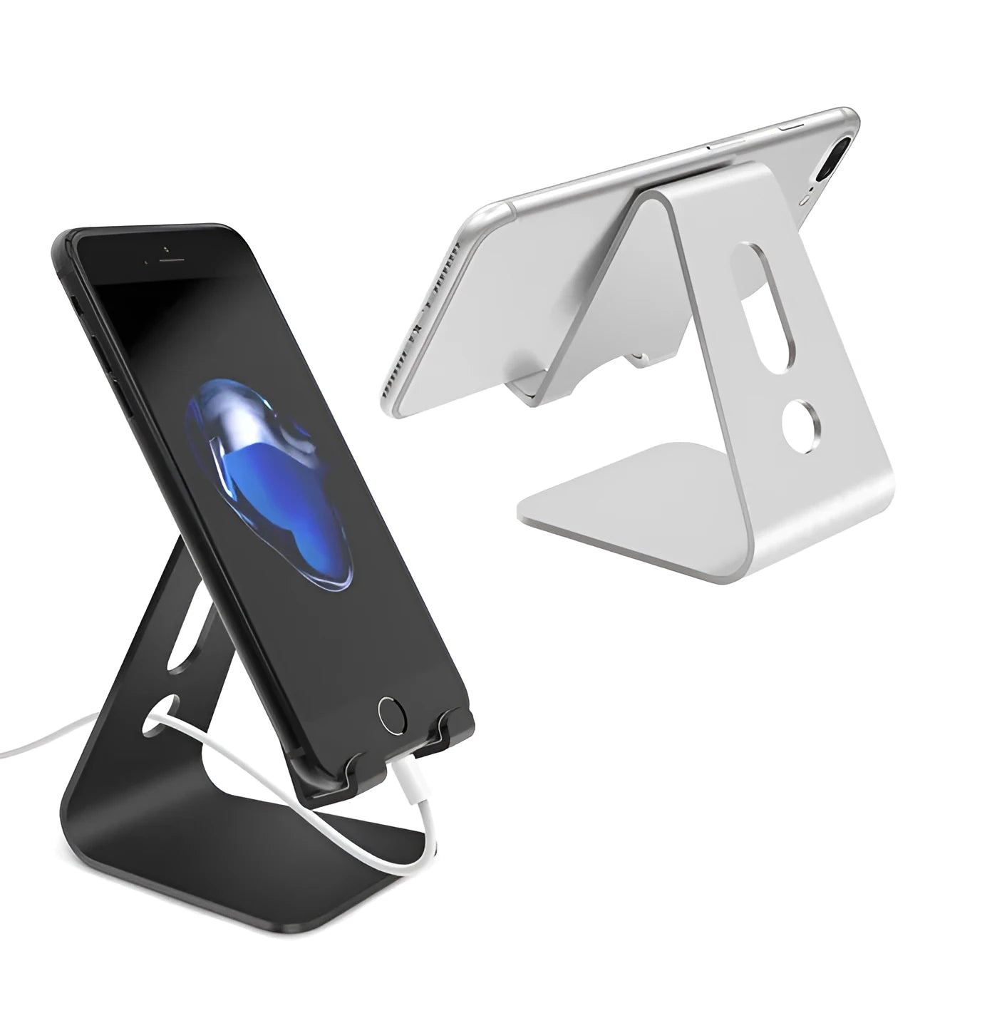 Universal Phone Buddy metal aluminium alloy stand holding a phone on a desk, available in multiple colours
