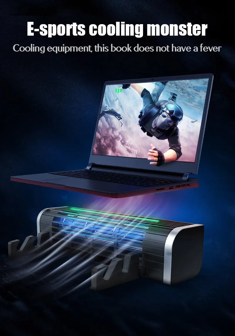 Black notebook cooling pad with turbo fan and adjustable front support leg for laptop ergonomics and cooling.
