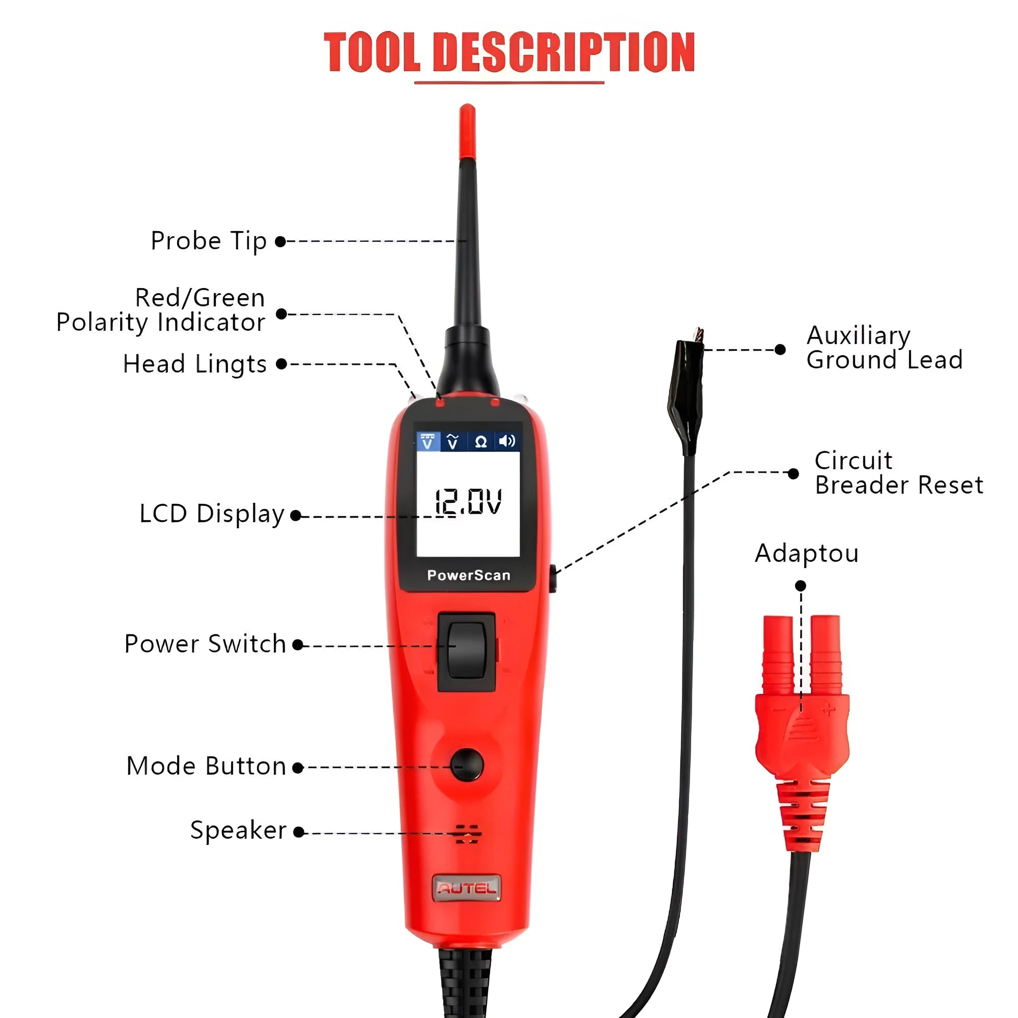 Autel PowerScan PS100 circuit tester with 20-foot cable and built-in flashlight on a car battery