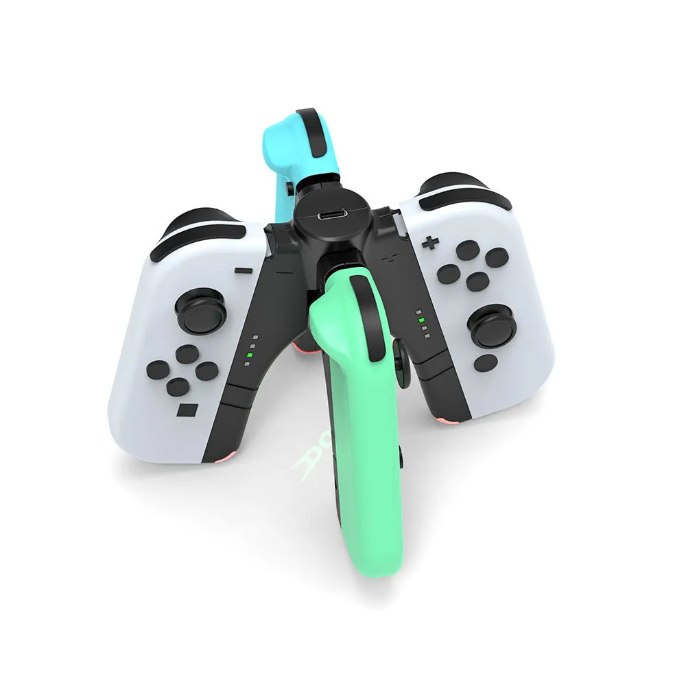 Black four-in-one charger holder for Switch, attached to handle ends with Type-C interface.