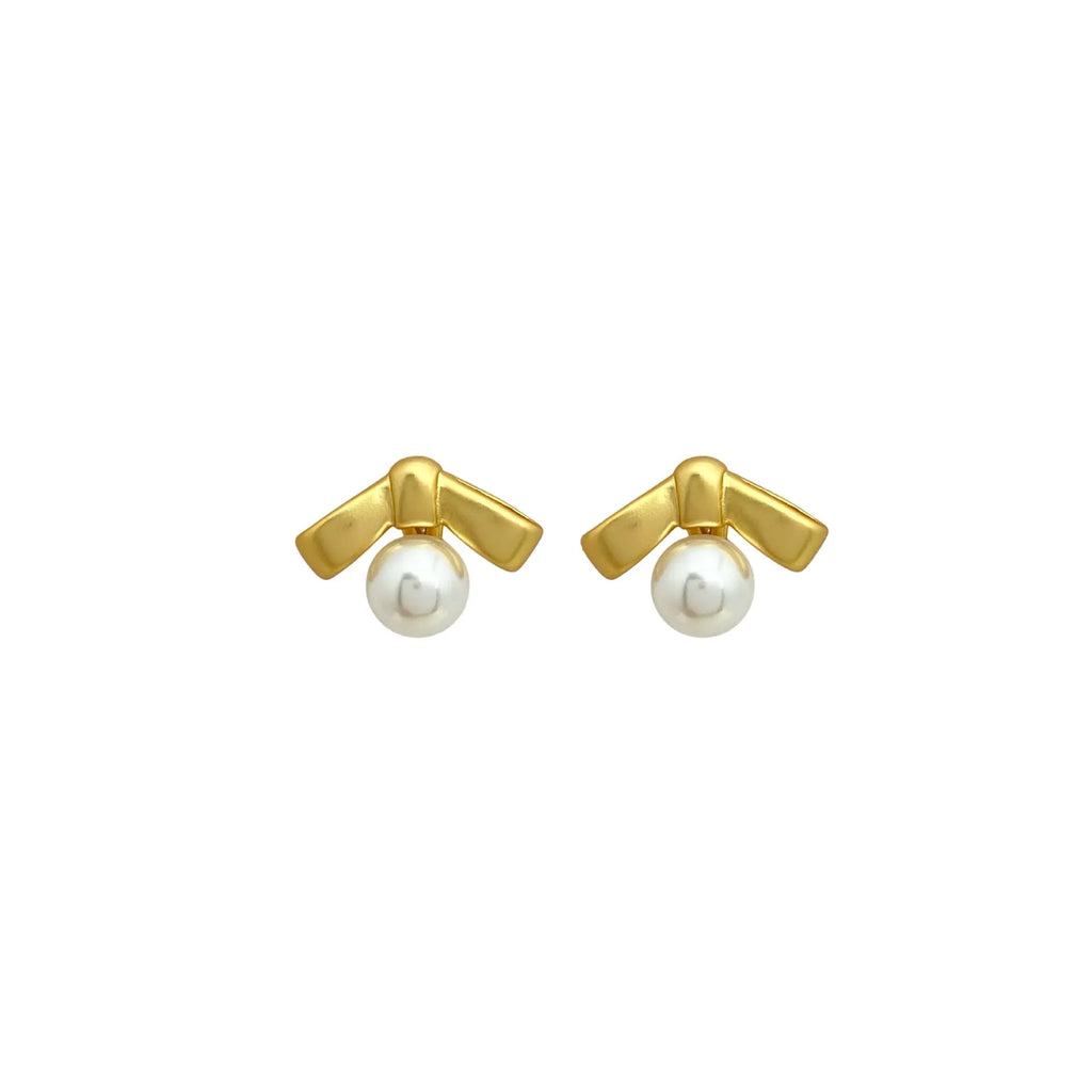 Matte bow earrings for women in matte gold clip-on style on a white background