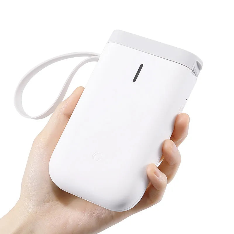 D11 Bluetooth thermal label printer in black, compact 108x76x30mm, with label paper roll