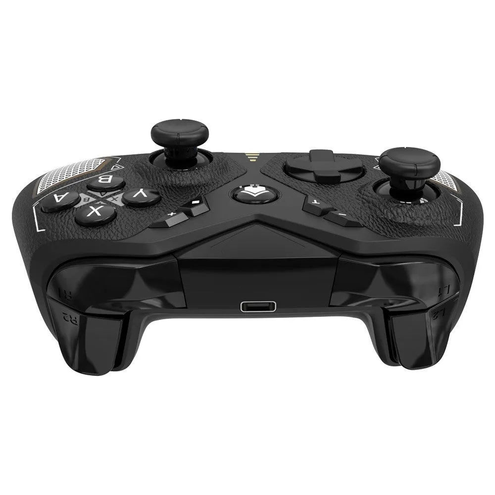 Black wireless game controller with leather-pattern texture on grips, shown front view.