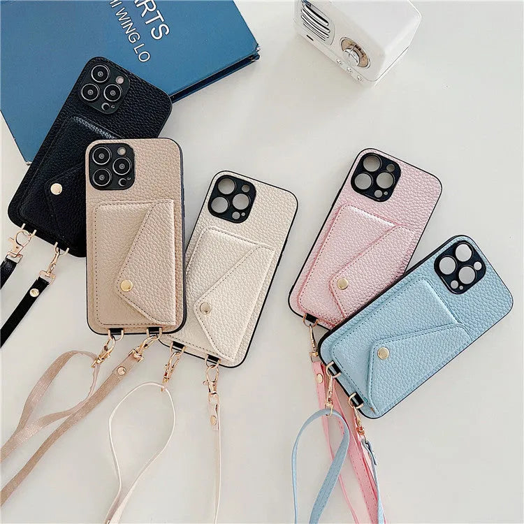 Lychee pattern envelope card holder phone case with long rope in black showing diagonal card slot and lychee texture