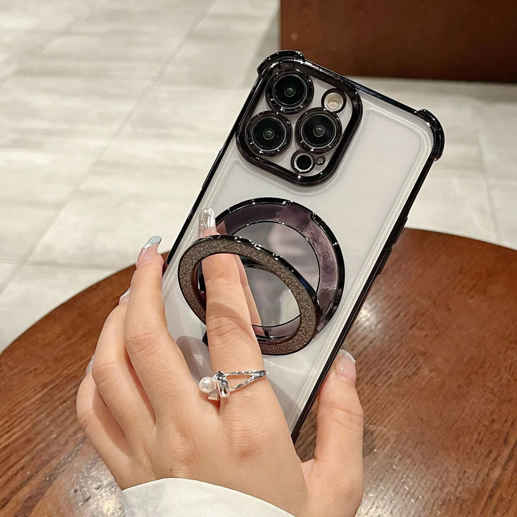 Glitter mirror magnetic bracket phone case for iPhone 16 in black, showing bracket and mirror finish.