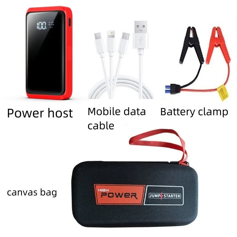 Compact 1200A car jump starter with battery clips, LED light, and USB port on a grey background
