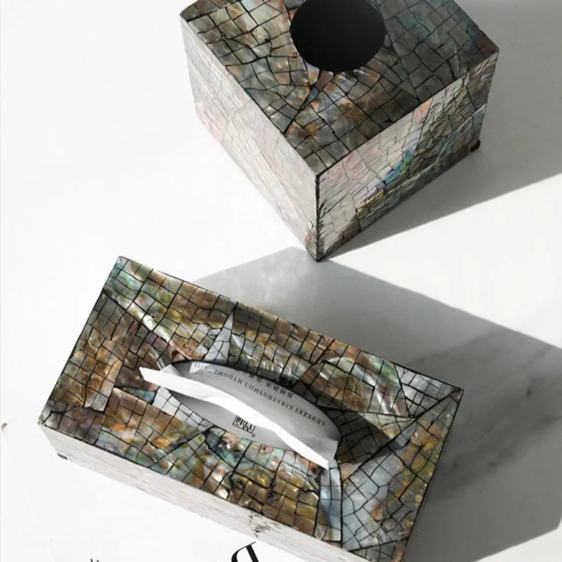 Natural black seashell tissue box with removable inner organisation tray on a wooden coffee table.
