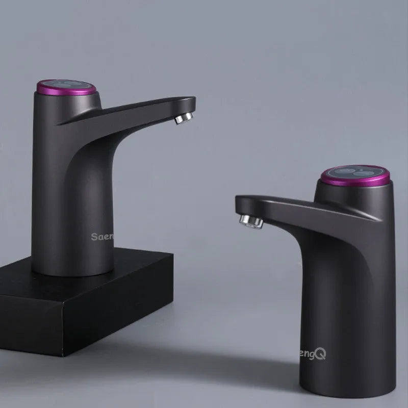 Dark grey touch automatic water dispenser on a kitchen countertop with soft hose and USB cable