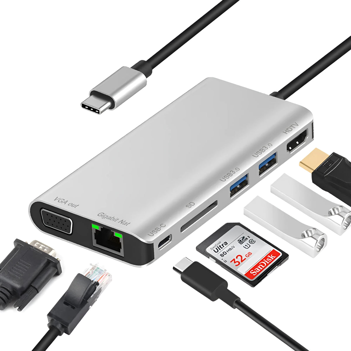 Type-C multifunctional docking station with Gigabit Ethernet, PD charging, SD reader, USB3.0, 4K 30Hz, 160mm cable, Black