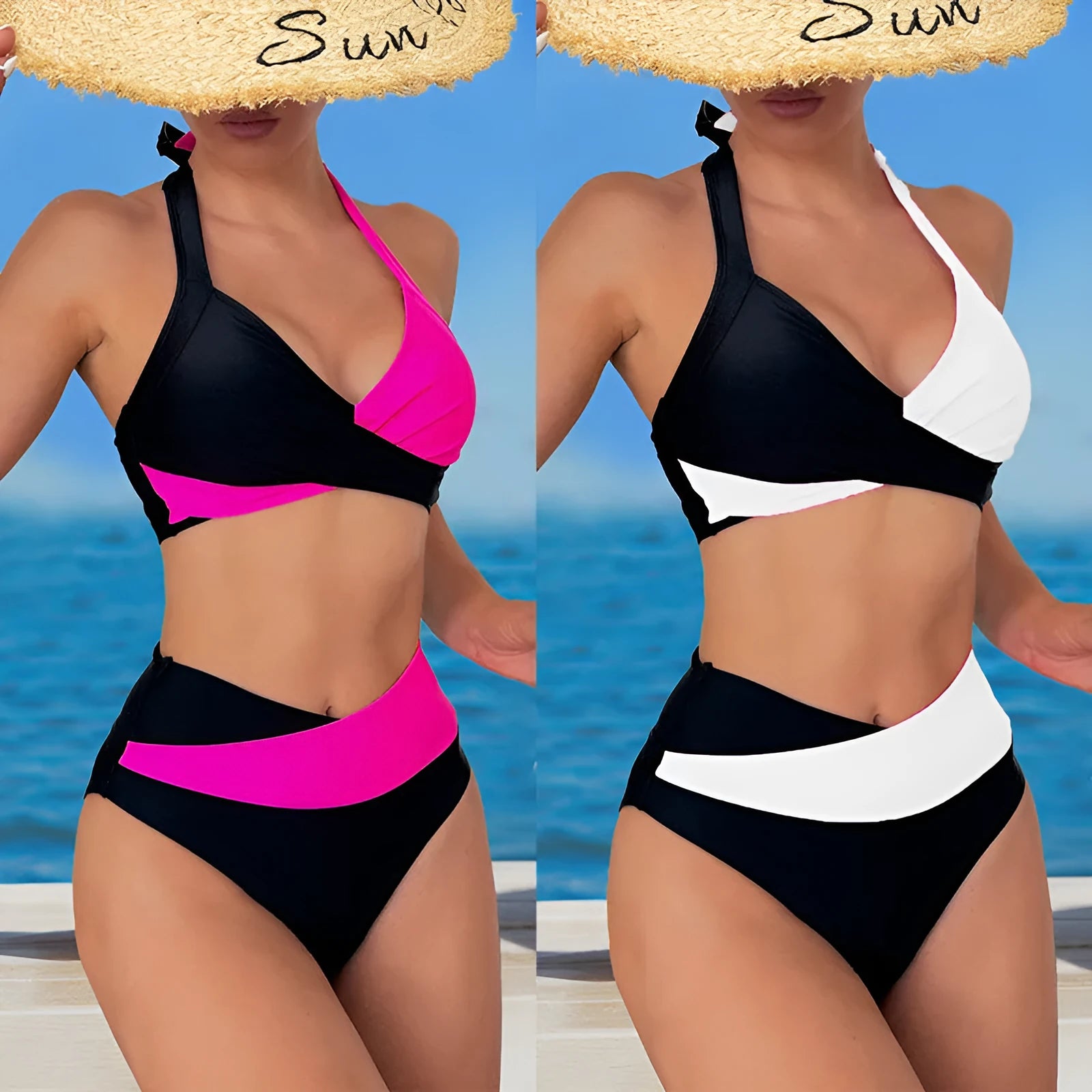 Women's halter colour-block high waist bikini set in black nylon fabric with top and pants