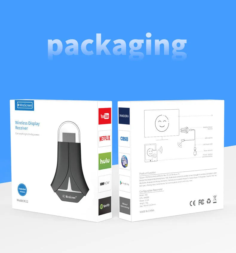 Mirascreen K12 HDMI WiFi dongle with USB connection, 1920x1080 output, Am8268 processor, for indoor display casting.