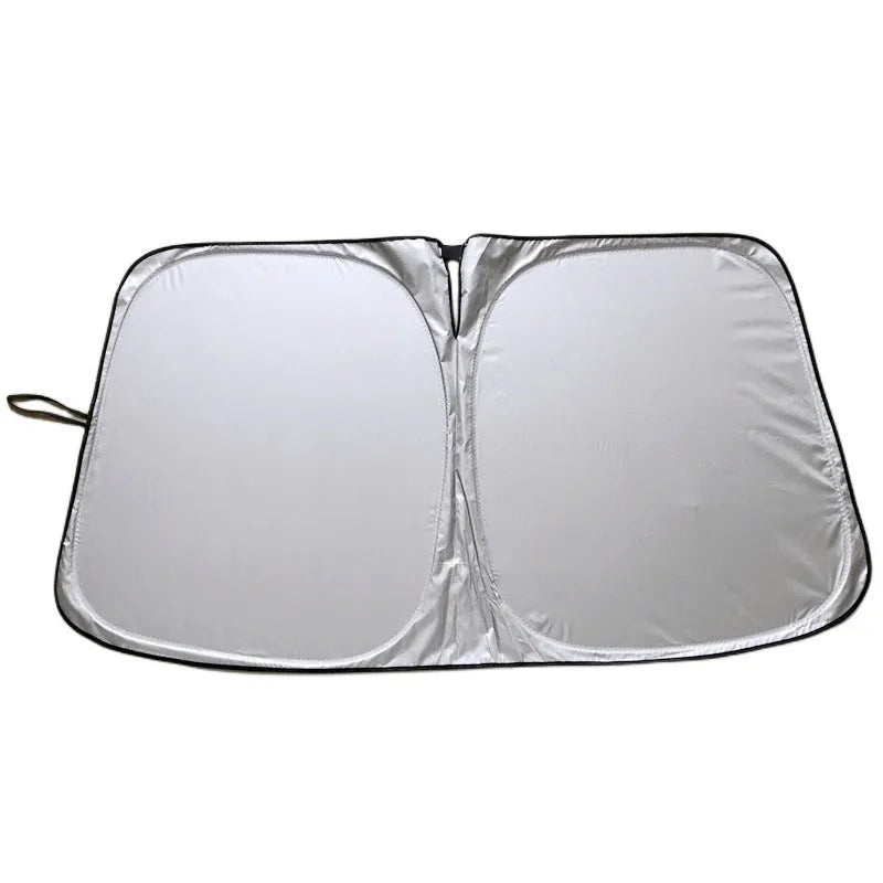 Titanium silver aluminium foil car sunshade folded, showing reflective surface and size options for windscreen heat protection.