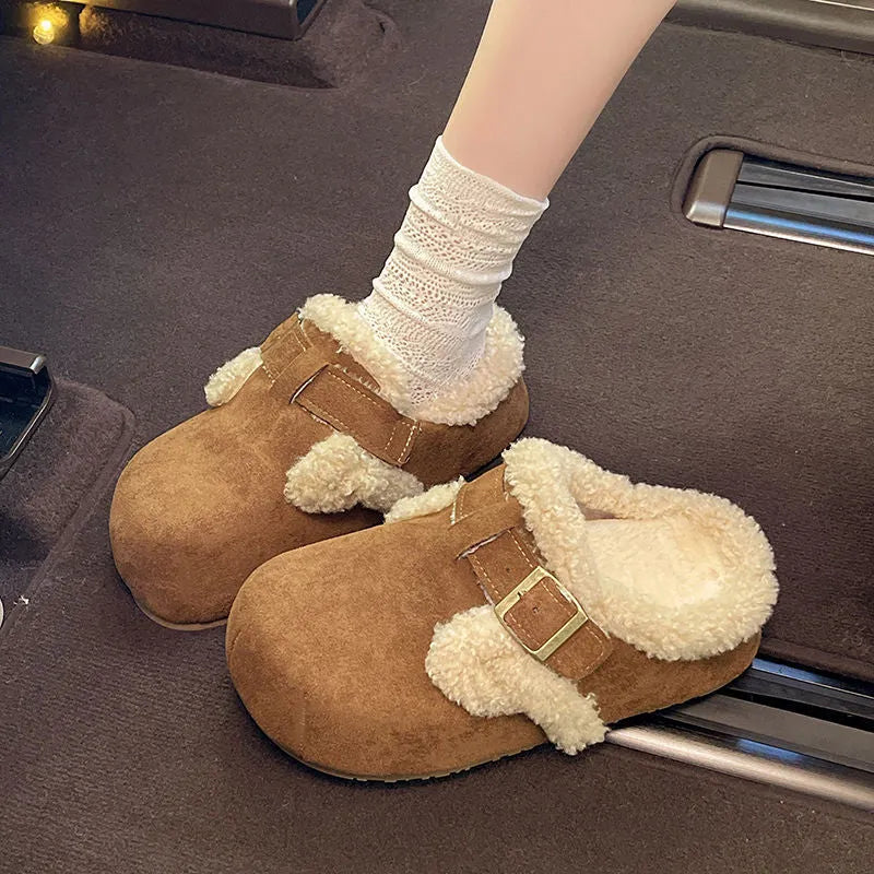 Baotou semi-drag fleece lazy cotton slippers in camel colour with closed toe and rubber sole on a light background