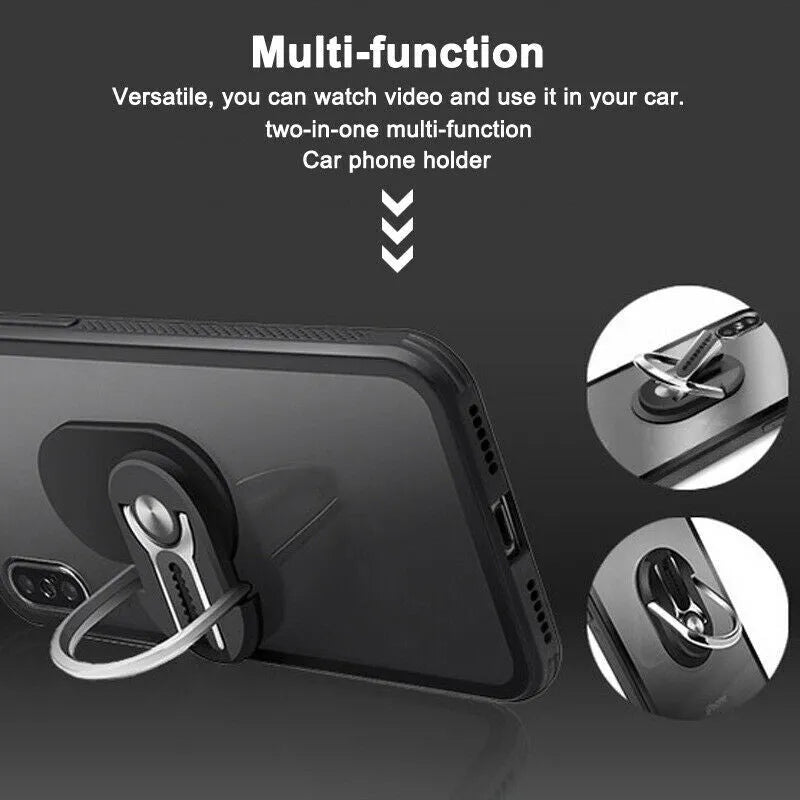 Universal car air vent phone holder with finger ring grip, zinc alloy body, silicone clip, 360° rotation