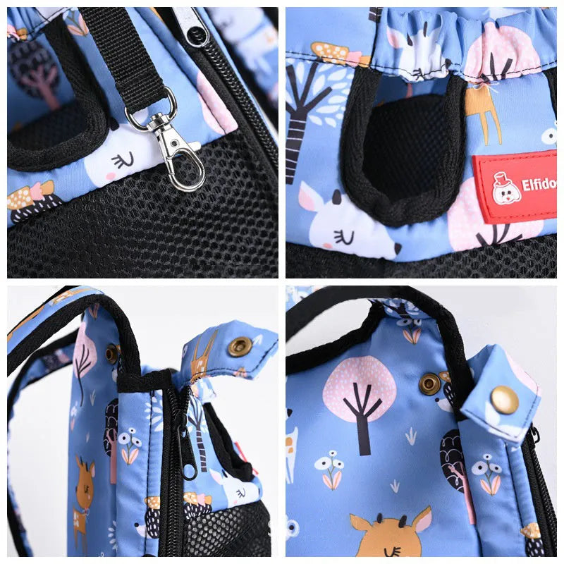 Fawn blue nylon pet backpack with animal pattern for small to large dogs and cats, S M L sizes