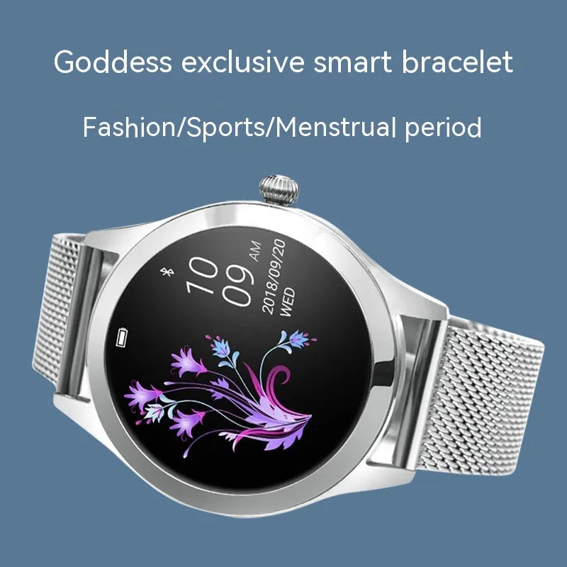 Women's smartwatch in black, rose gold, silver, or white with heart rate monitoring display