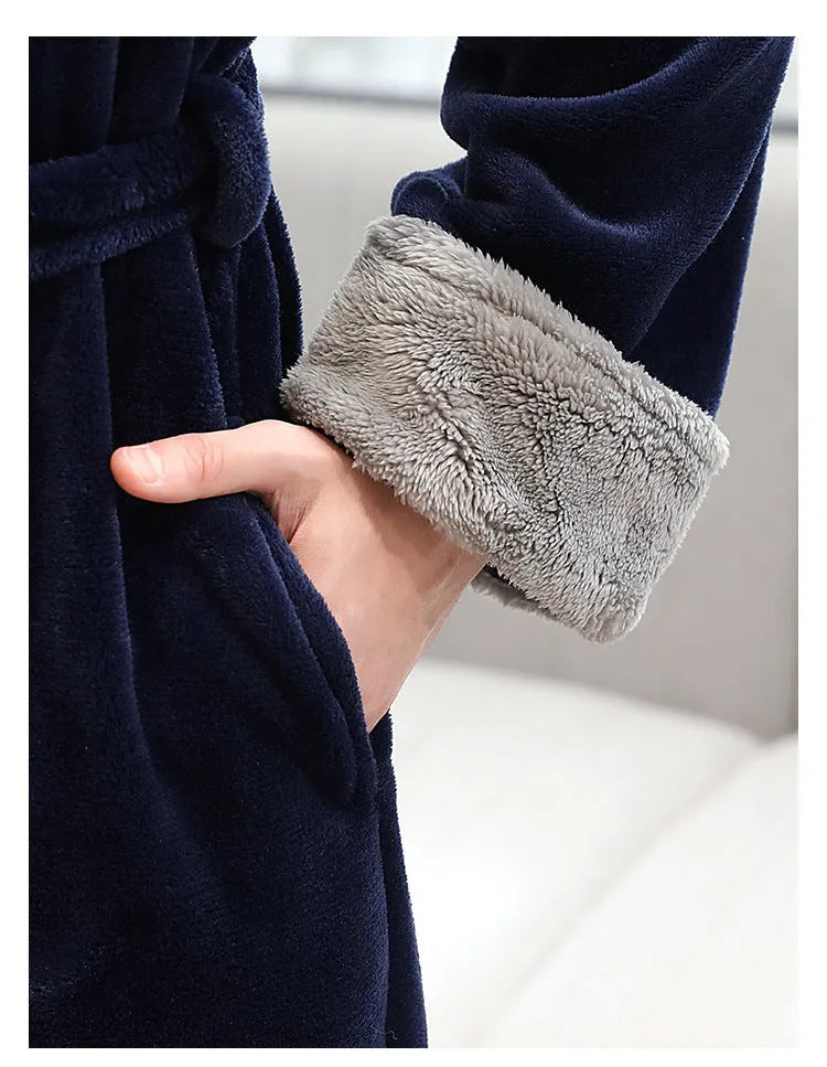 Men's winter long bathrobe in coral fleece fabric, light grey colour, full length, plus size