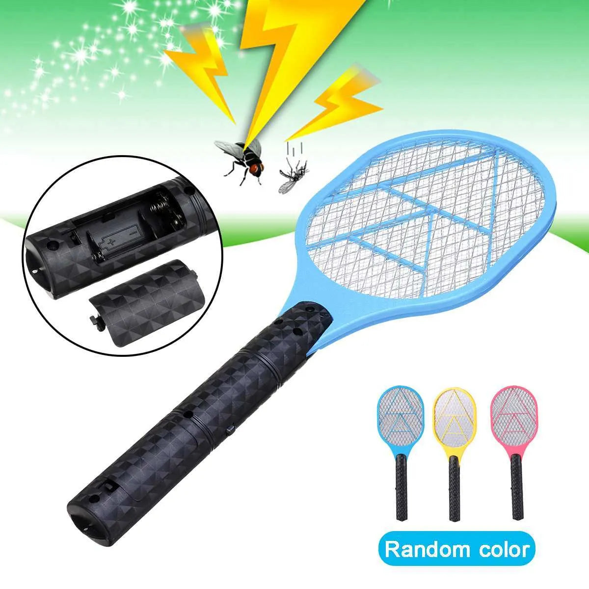 Battery electric mosquito swatter 45x16cm in blue colour on white background