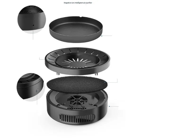 Black multi-function electronic ashtray purifier, 18x18x7.3cm, with 3000mAh battery and negative ion air cleaning.