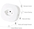 White smart socket plug with Wi-Fi logo, showing UK plug pins and dimensions.