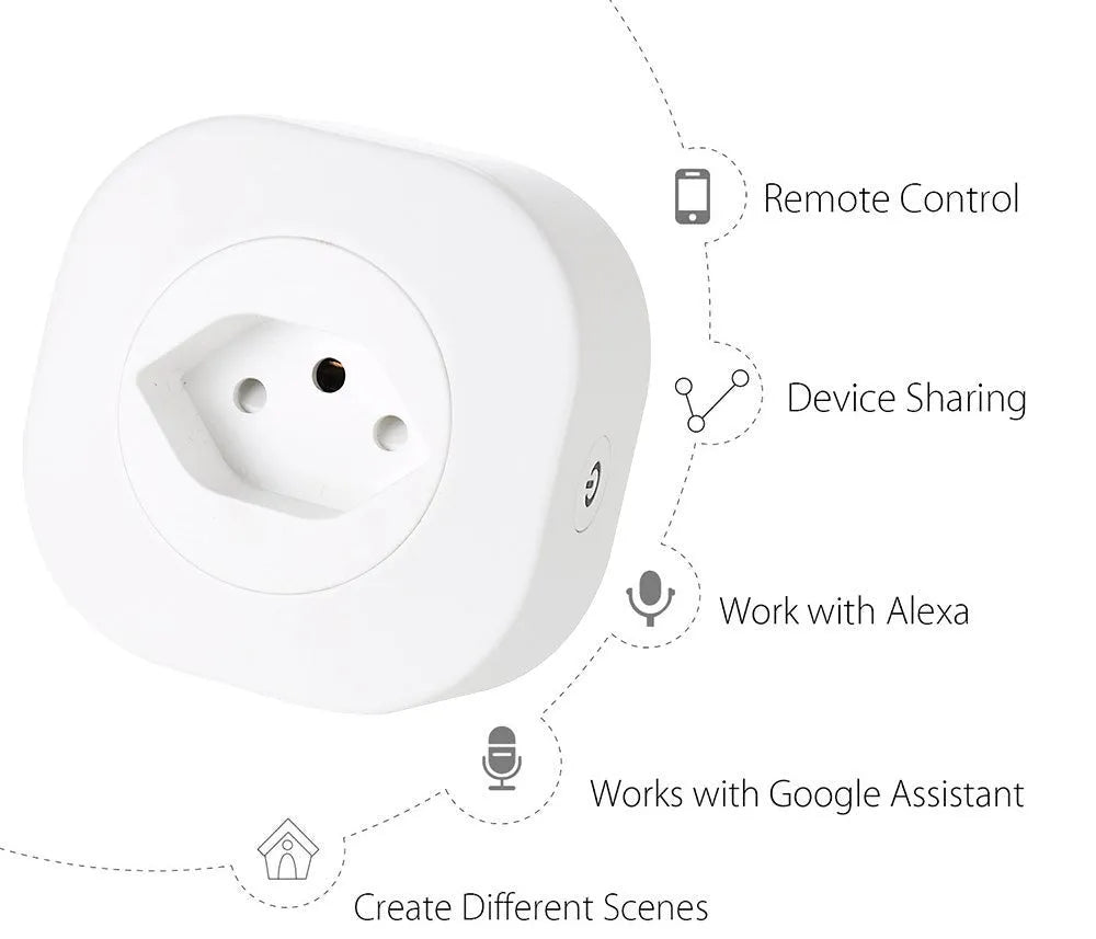 White smart socket plug with Wi-Fi logo, showing UK plug pins and dimensions.