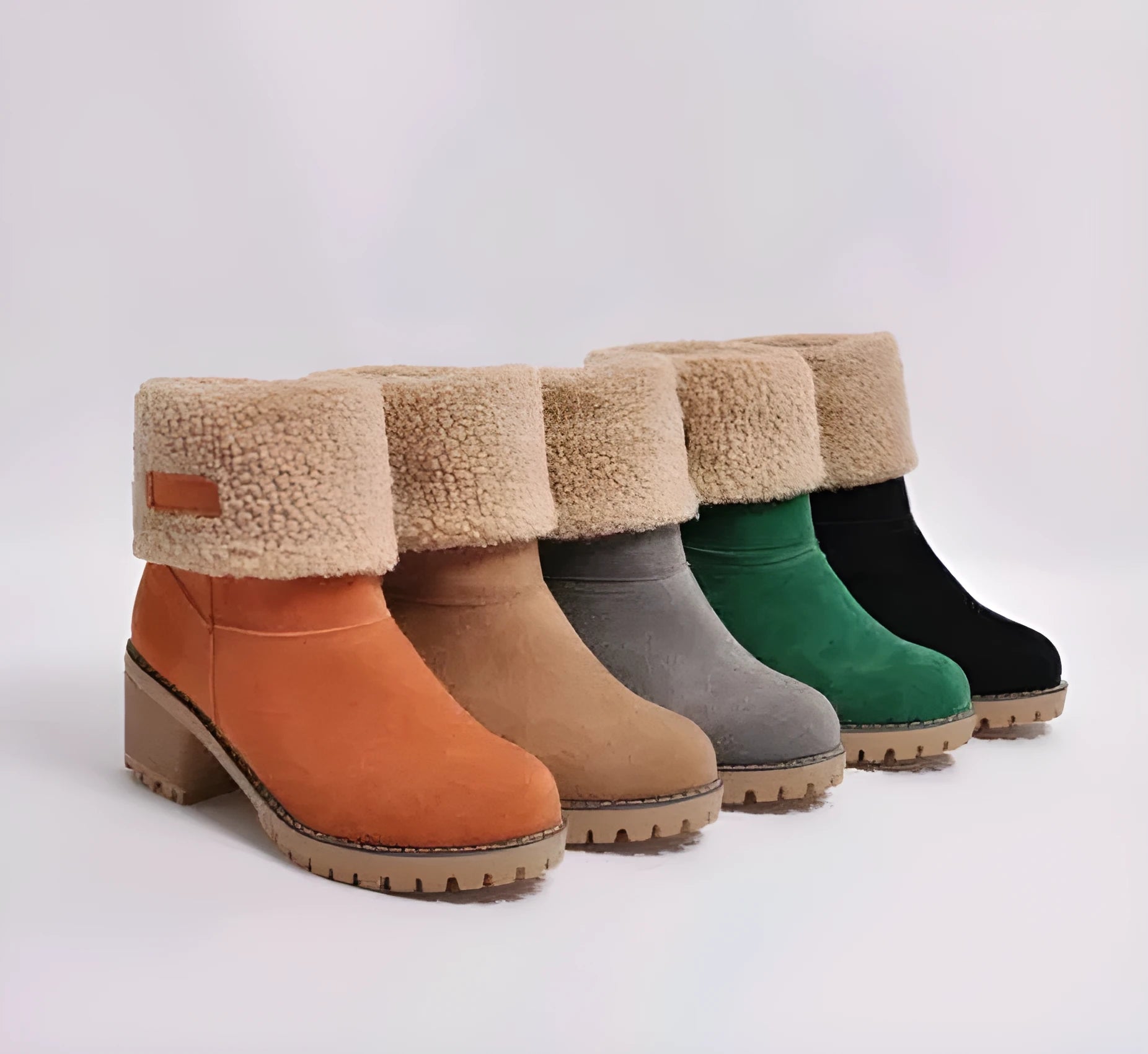 Women's mid-tube suede snow boots with a thick heel and waterproof platform in various colours.