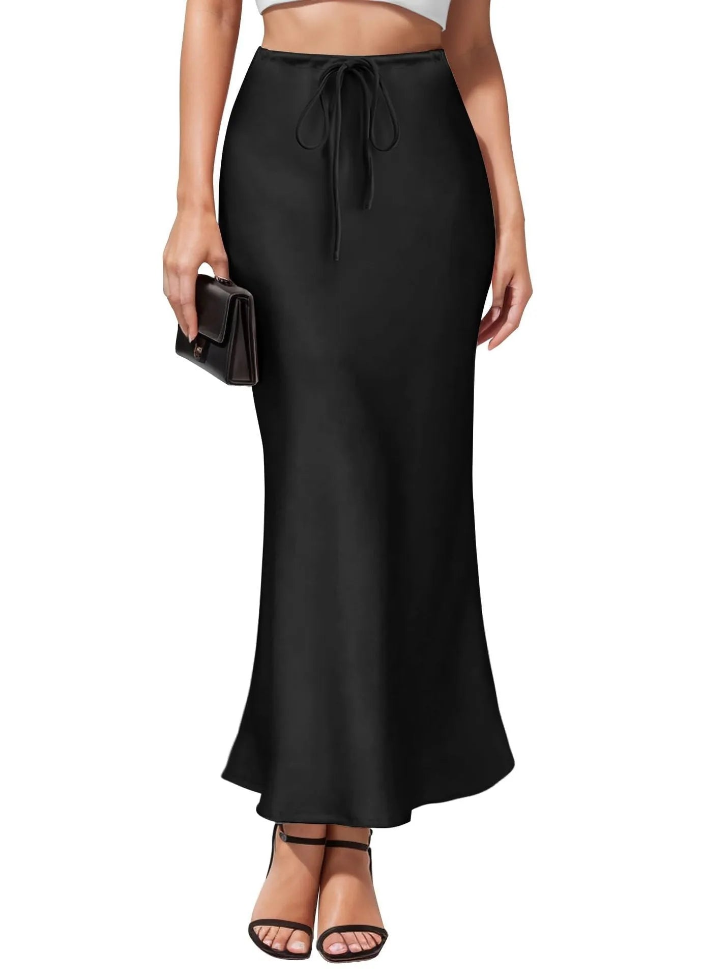 Asymmetric acetate satin skirt with irregular stitching details in high waist design