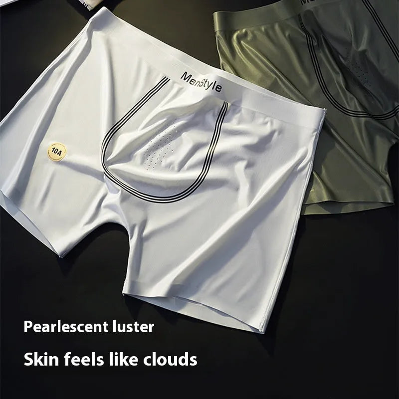 Men's seamless boxer shorts in satin ice silk nylon showing single-layer crotch construction