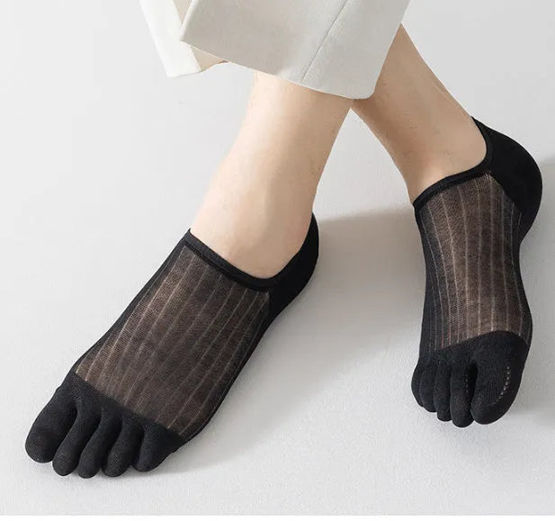Modal cotton five-finger ultra-thin breathable boat socks in black, shown laid flat.