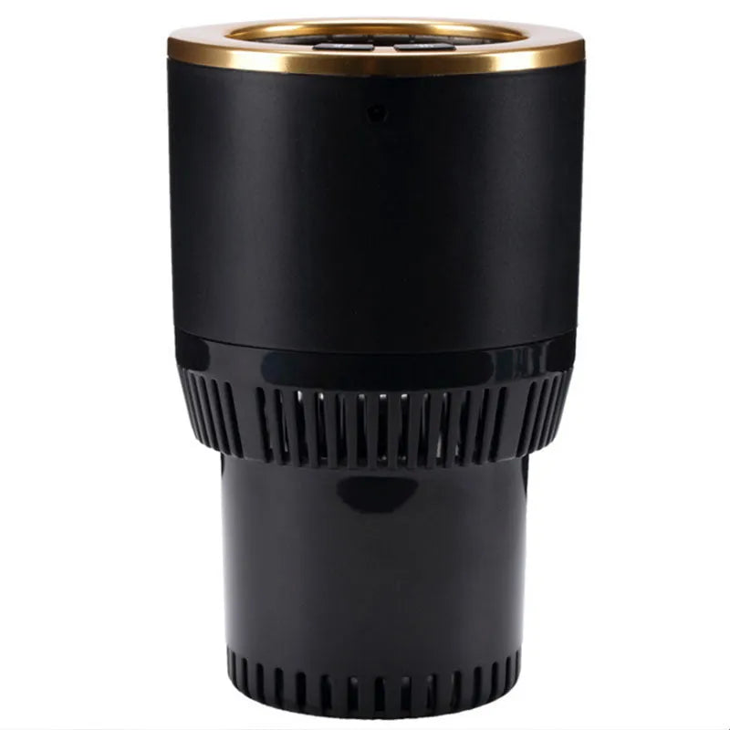 White car cup heater cooler with aluminium interior, plugged into 12V outlet, holding a metallic can