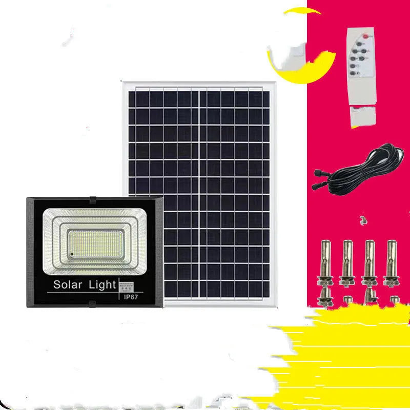 Black solar-powered LED flood light with solar panel on top, mounted on an outdoor wall.