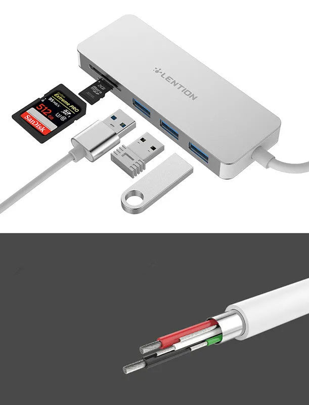 USB 3.0 hub multi-function card reader with three USB ports and SD TF card slots in dark grey