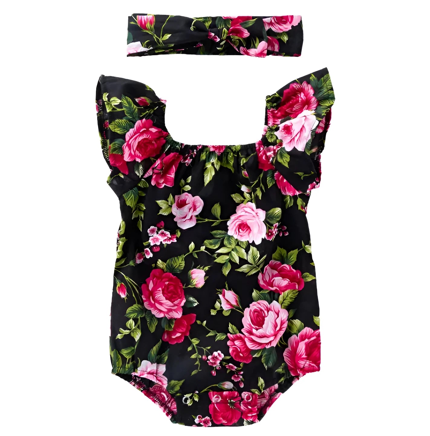 White baby girl's sleeveless cotton romper with small flying sleeves on a hanger.