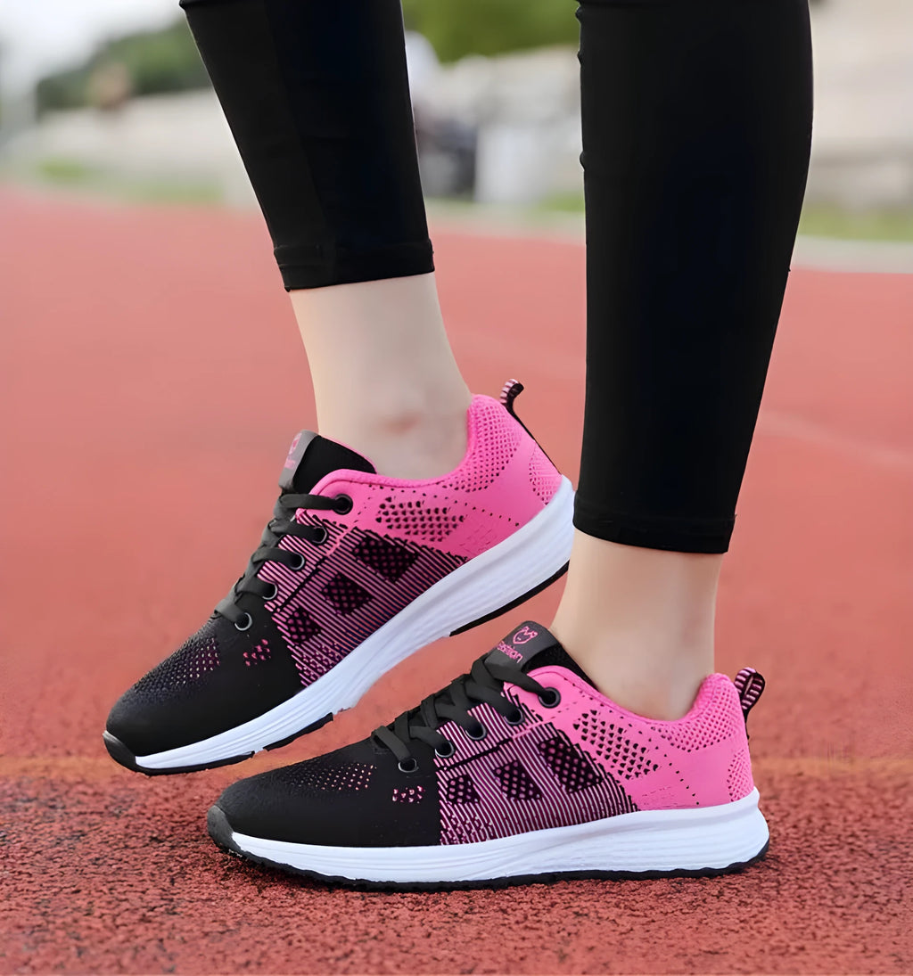 Women's breathable mesh flat heel sports shoes available in black, pink, and rose red colours