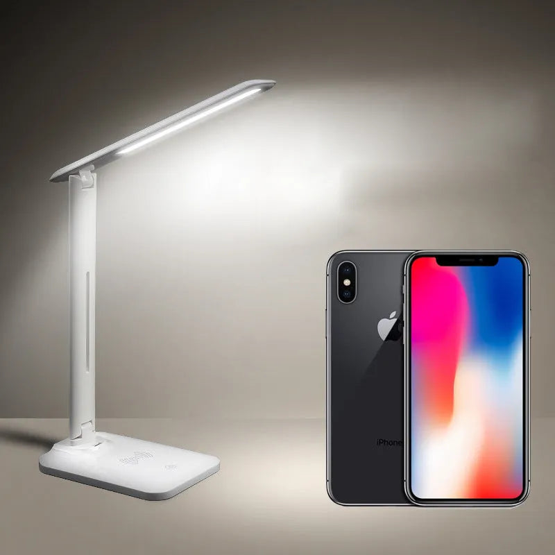 White eye protection desk lamp with Qi wireless charging base, 28 LED beads, touch dimmer, USB charging