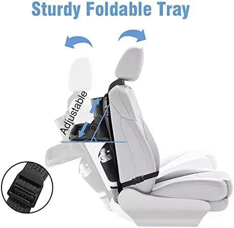 Black Oxford cloth car seat back buggy bag measuring 42x30cm hanging behind headrest
