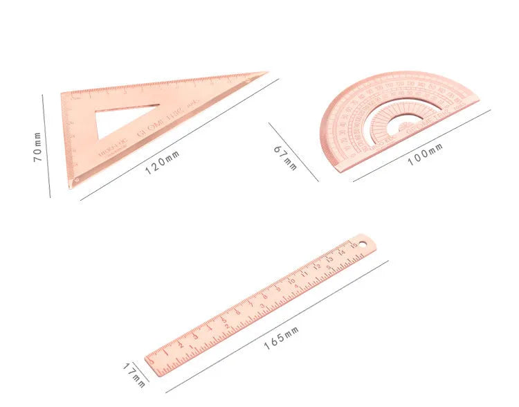 Rose gold and yellow stainless steel ruler set with protractor, triangle, and straightedge in transparent pocket
