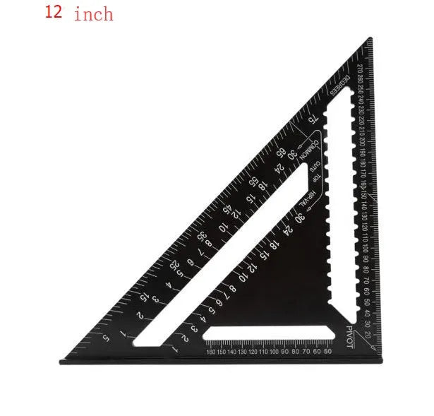 Black aluminium alloy triangle square ruler showing 90-degree and 45-degree angles with metric graduations