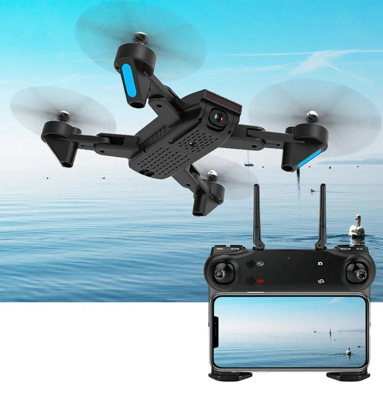 Quadrocopter drone with 4K optical flow dual camera in black, showing propellers and camera array