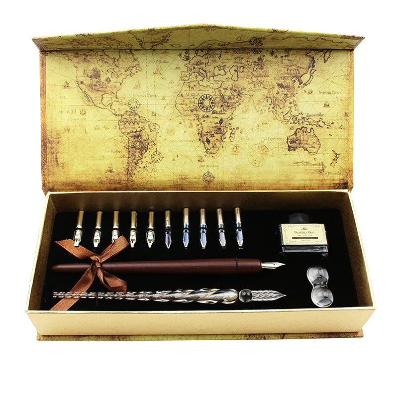 Handmade glass and wooden dip pen set in gift box with stainless steel nib, retro design for Valentine's Day